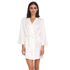 Flora Nikrooz Ivory Satin Robe With Lace Detail, Fits Like M